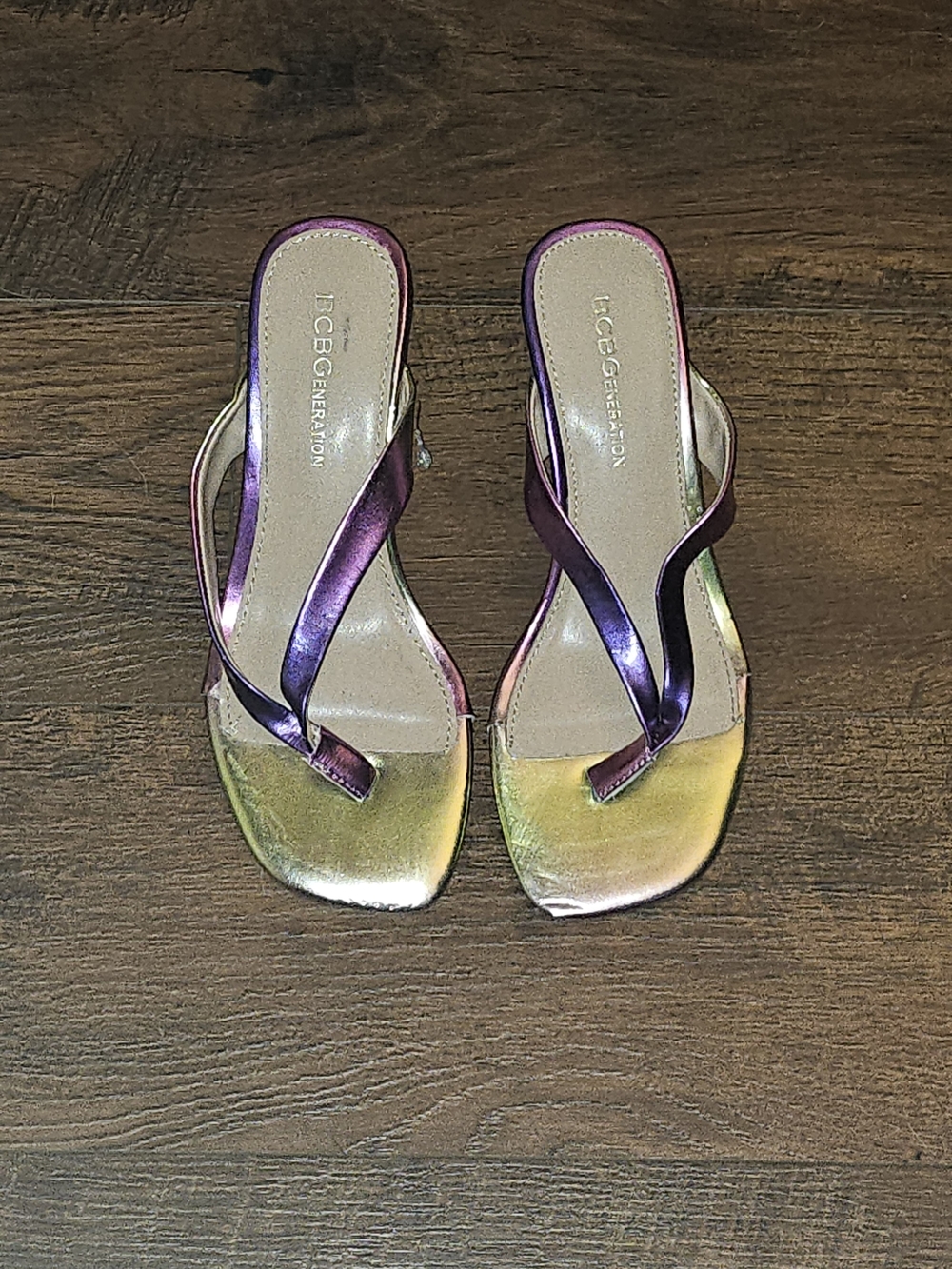 BCBGeneration Iridescent Purple and Gold Thong Sandals